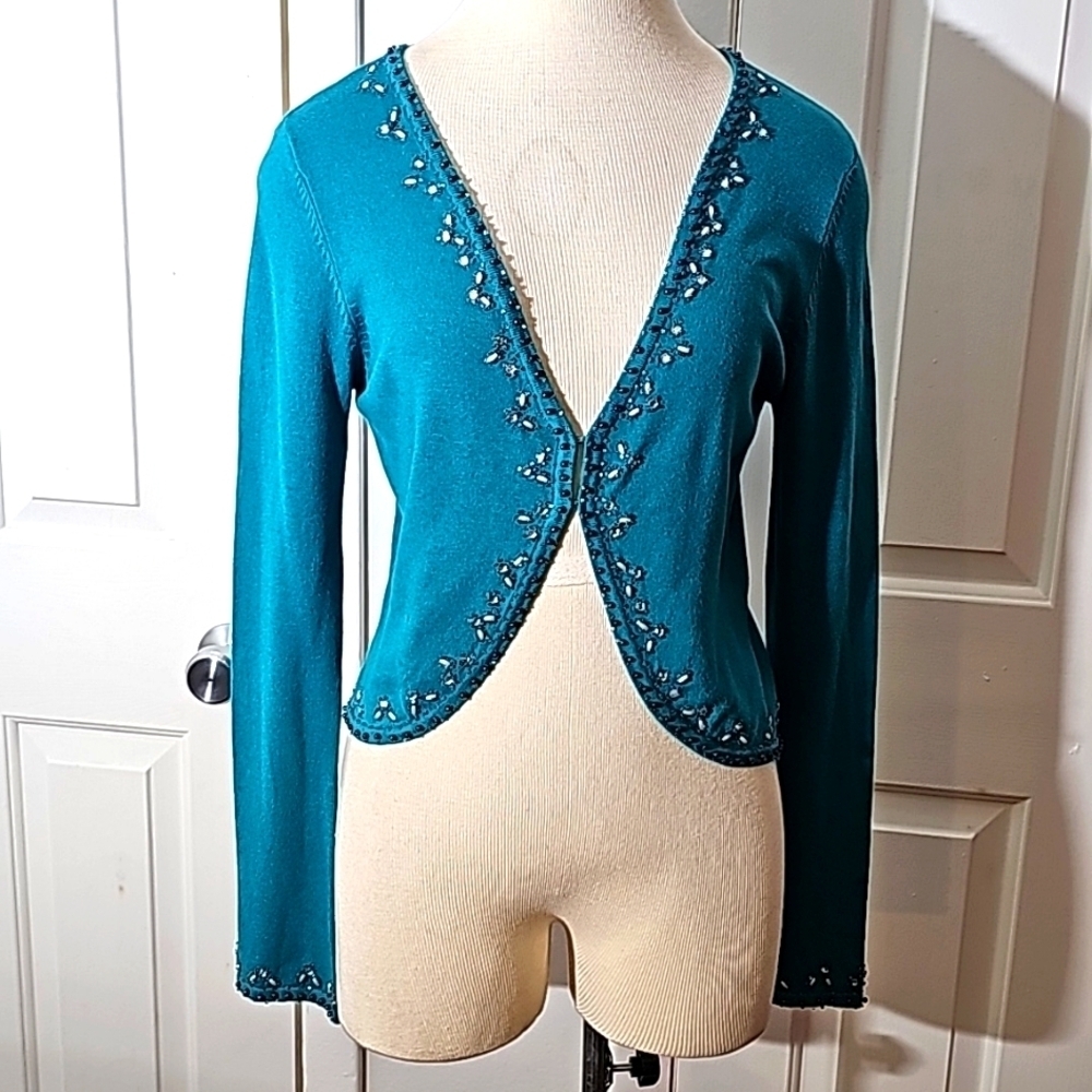 Central Park blue sweater NWT. sequins and beads. Long sleeves small.